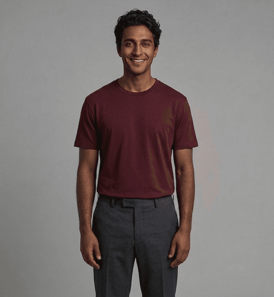 Same man in a burgundy t-shirt matched to his colour profile