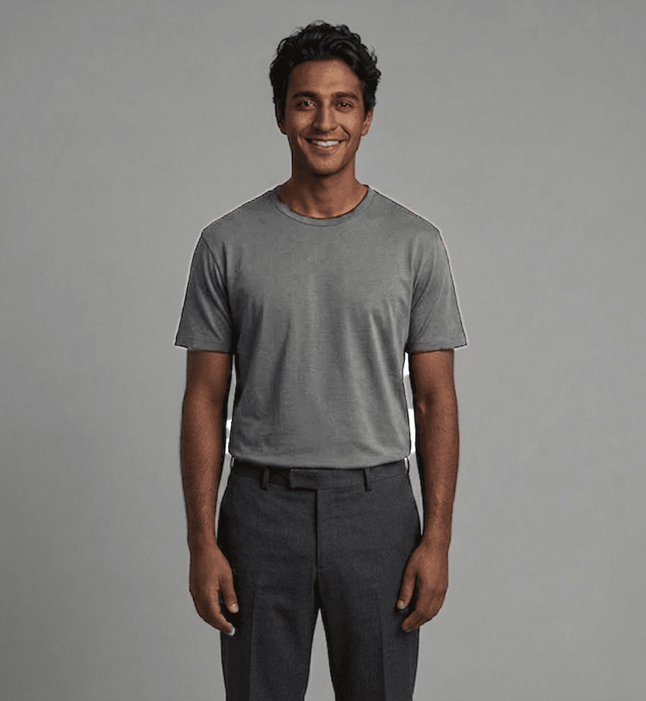 Man in a grey t-shirt before colour matching